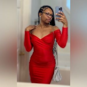 Red Off the Shoulder Bodycon Midi Dress, US M, 6